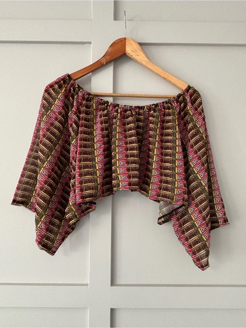 Off-Shoulder Cropped Top in Burgundy, Mustard and Pink Stripe - Picture 2 of 7